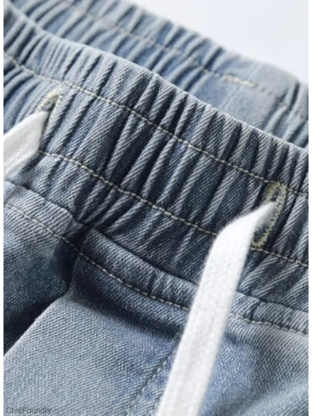 Men's Elastic Waist Cargo Jeans Stretch Denim Pants Drawstring Relaxed Fit